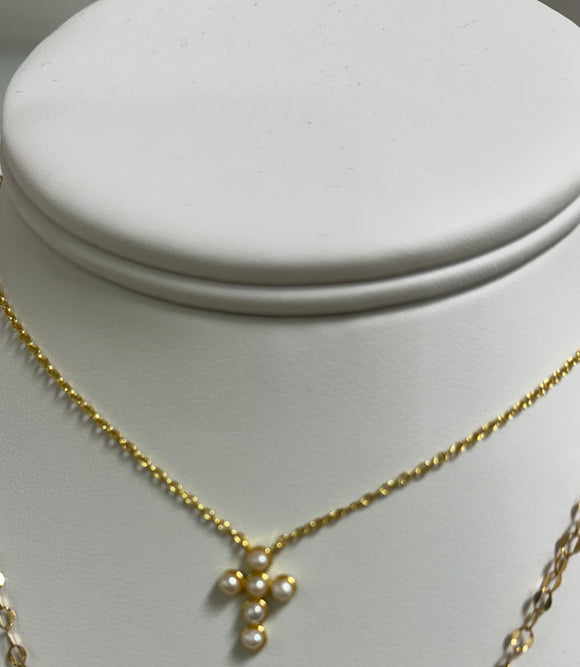 Baby Cross Necklace - Gold Pearl