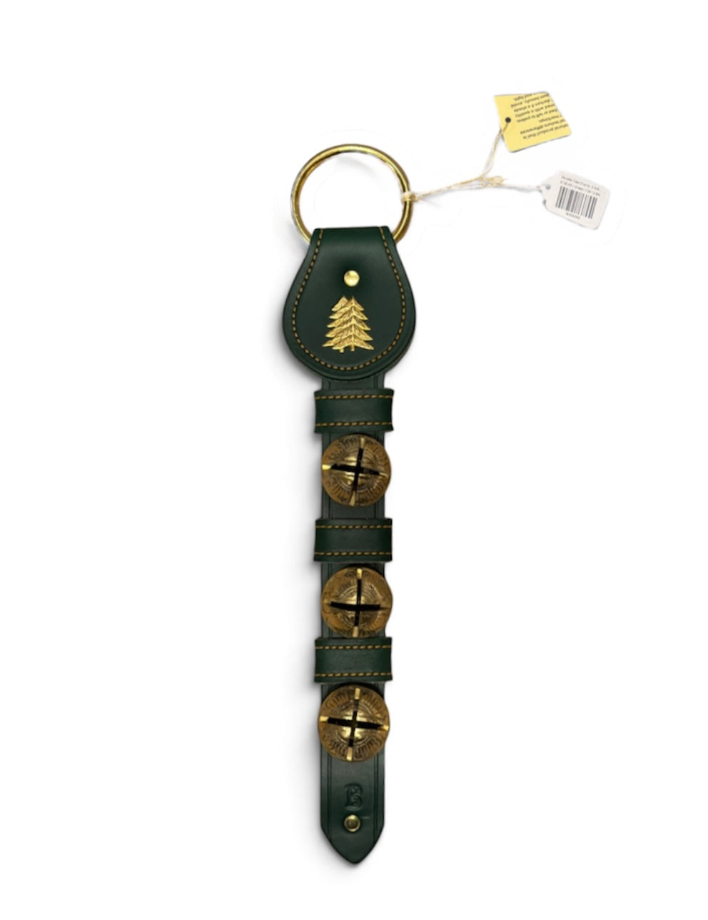 a green leather keychain with bells
