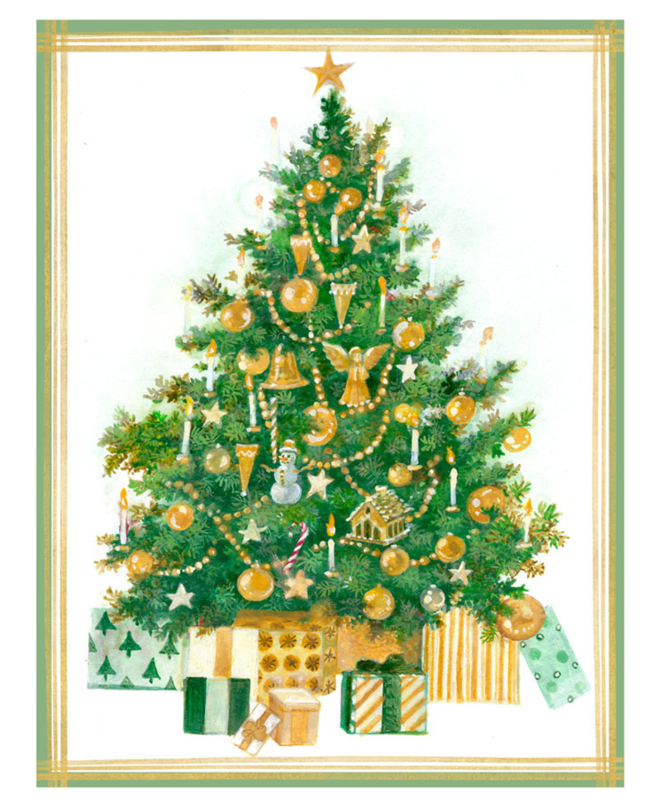 Golden Christmas Tree Classic Boxed Christmas Cards - Includes 15 Cards & Envelopes_Caspari_106205-GRN