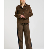 a woman in brown jacket and pants