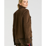 a woman in brown jacket