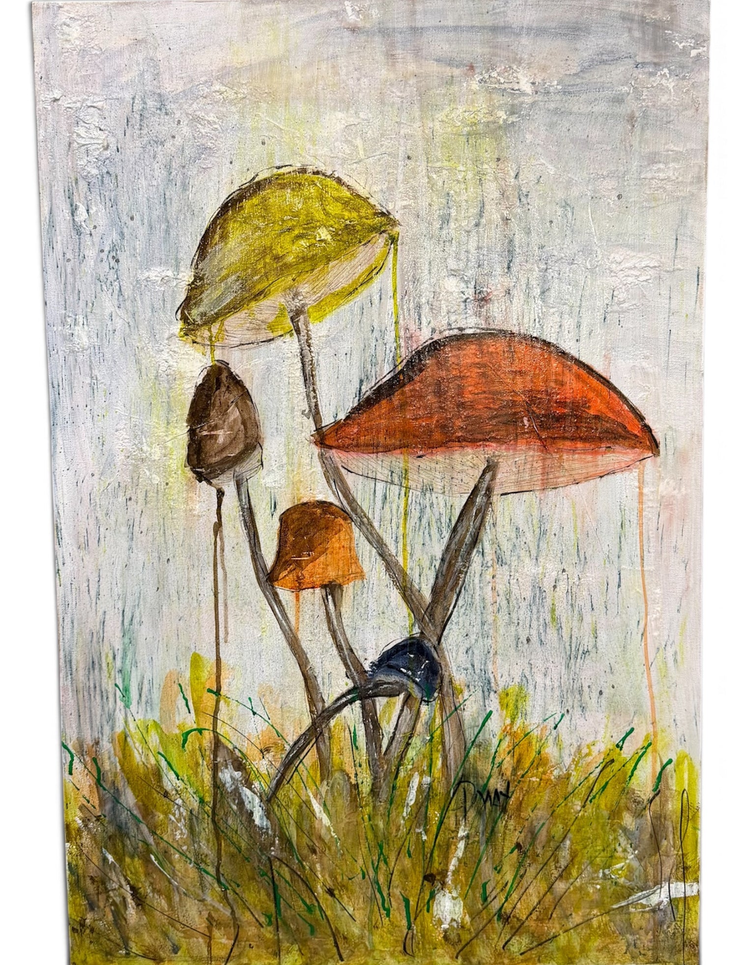 a painting of mushrooms on a piece of wood