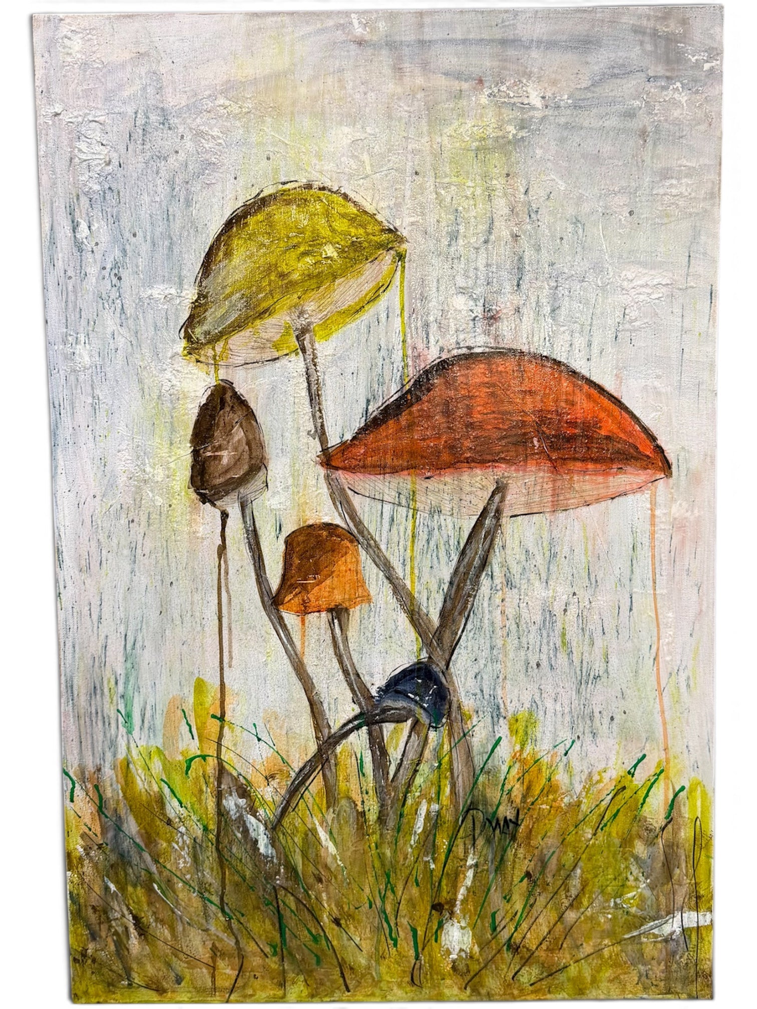 a painting of mushrooms on a piece of wood