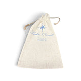 a white bag with blue text