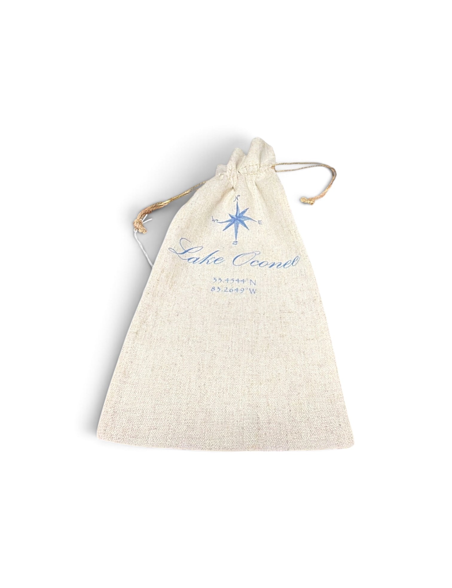 a white bag with blue text