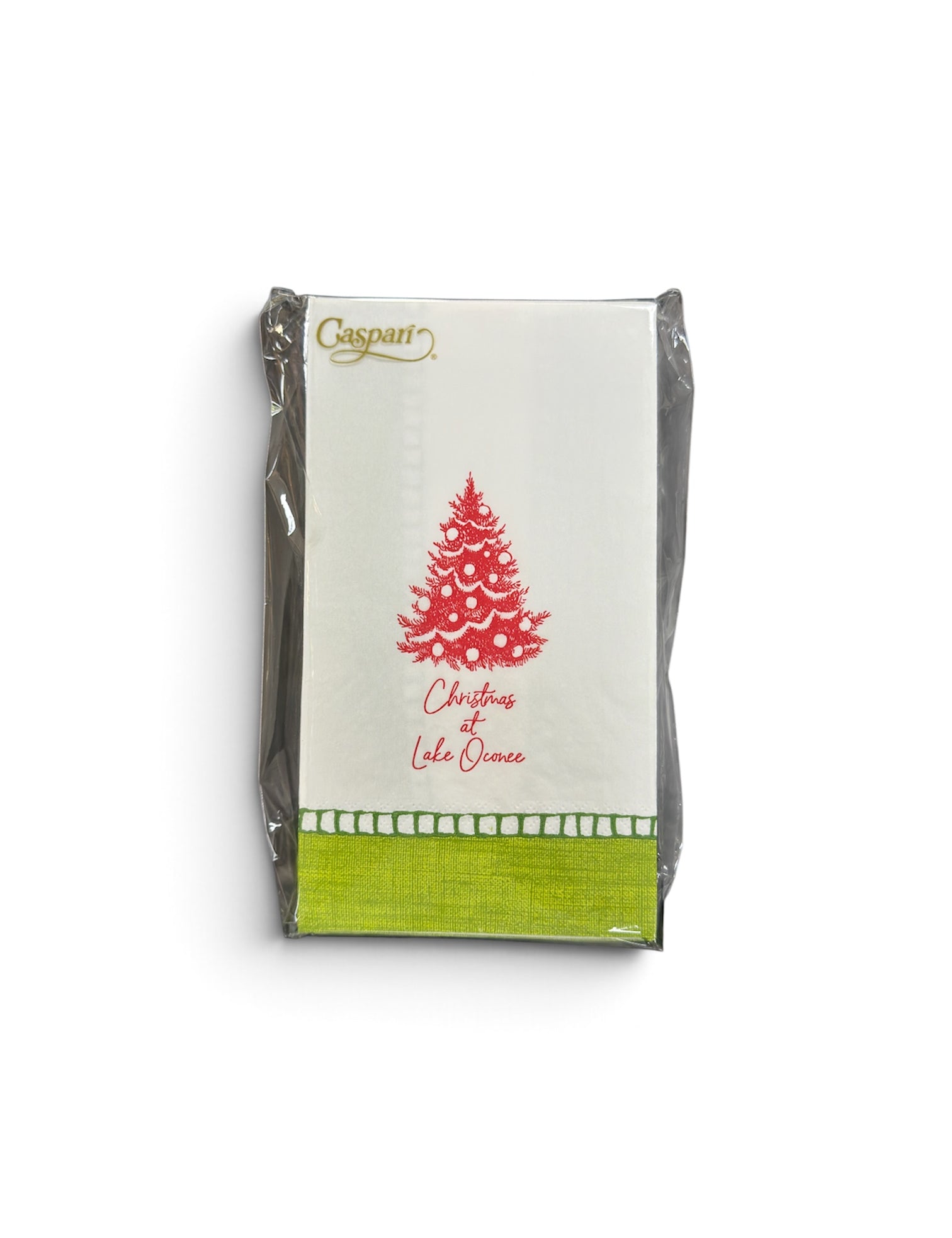 a white napkin with a red tree on it