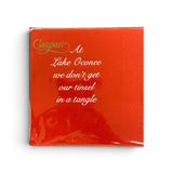 a red napkin with white text
