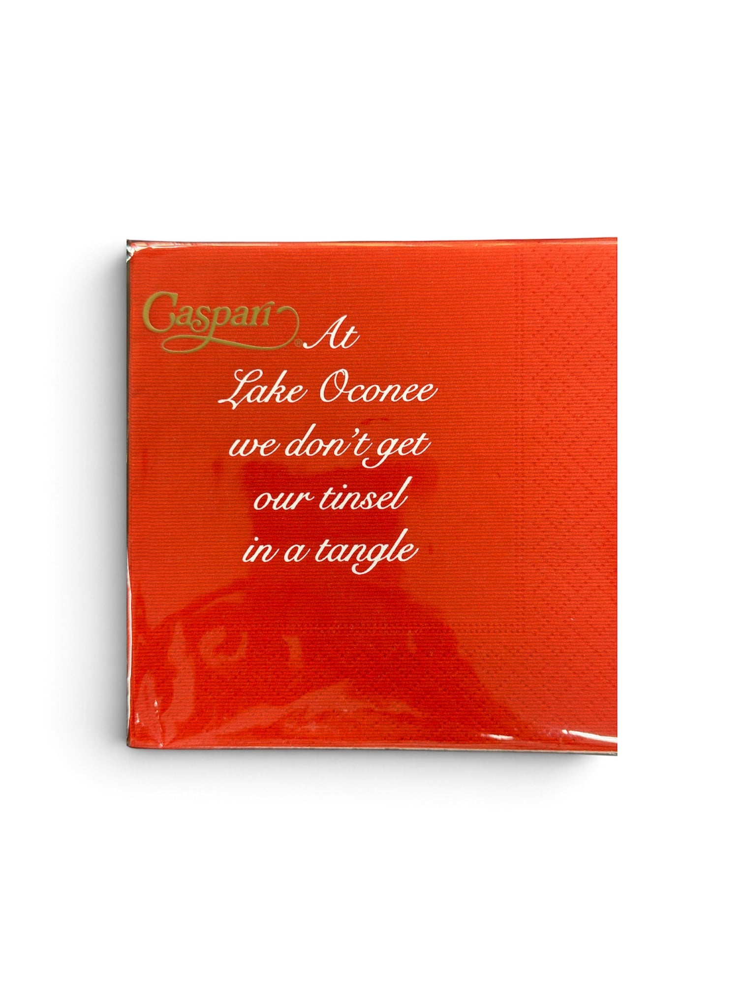 a red napkin with white text