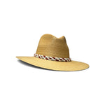a straw hat with a white and red band