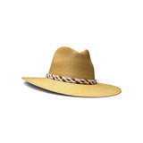 a straw hat with a white and red band