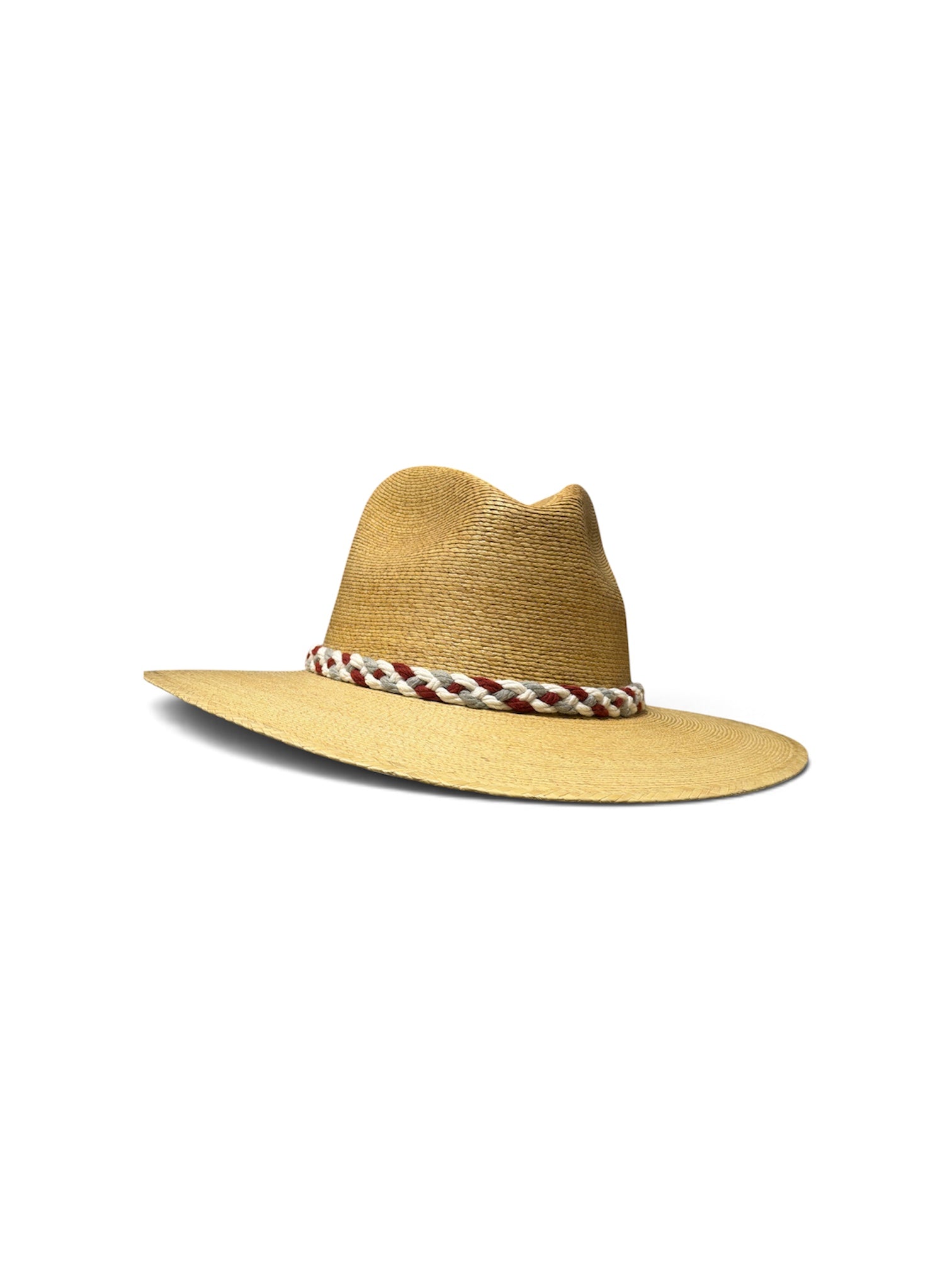 a straw hat with a white and red band