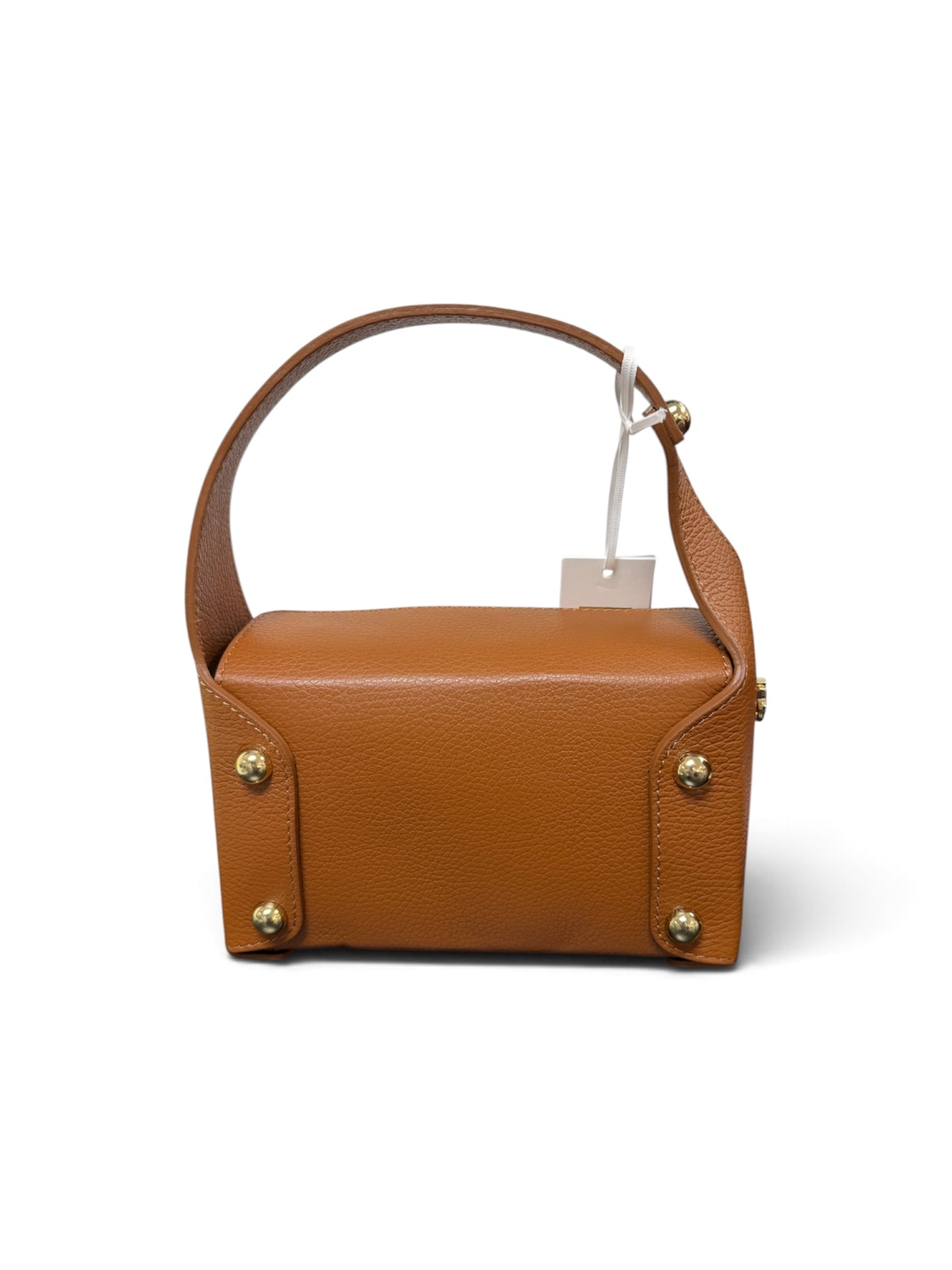 a brown leather bag with a white tag