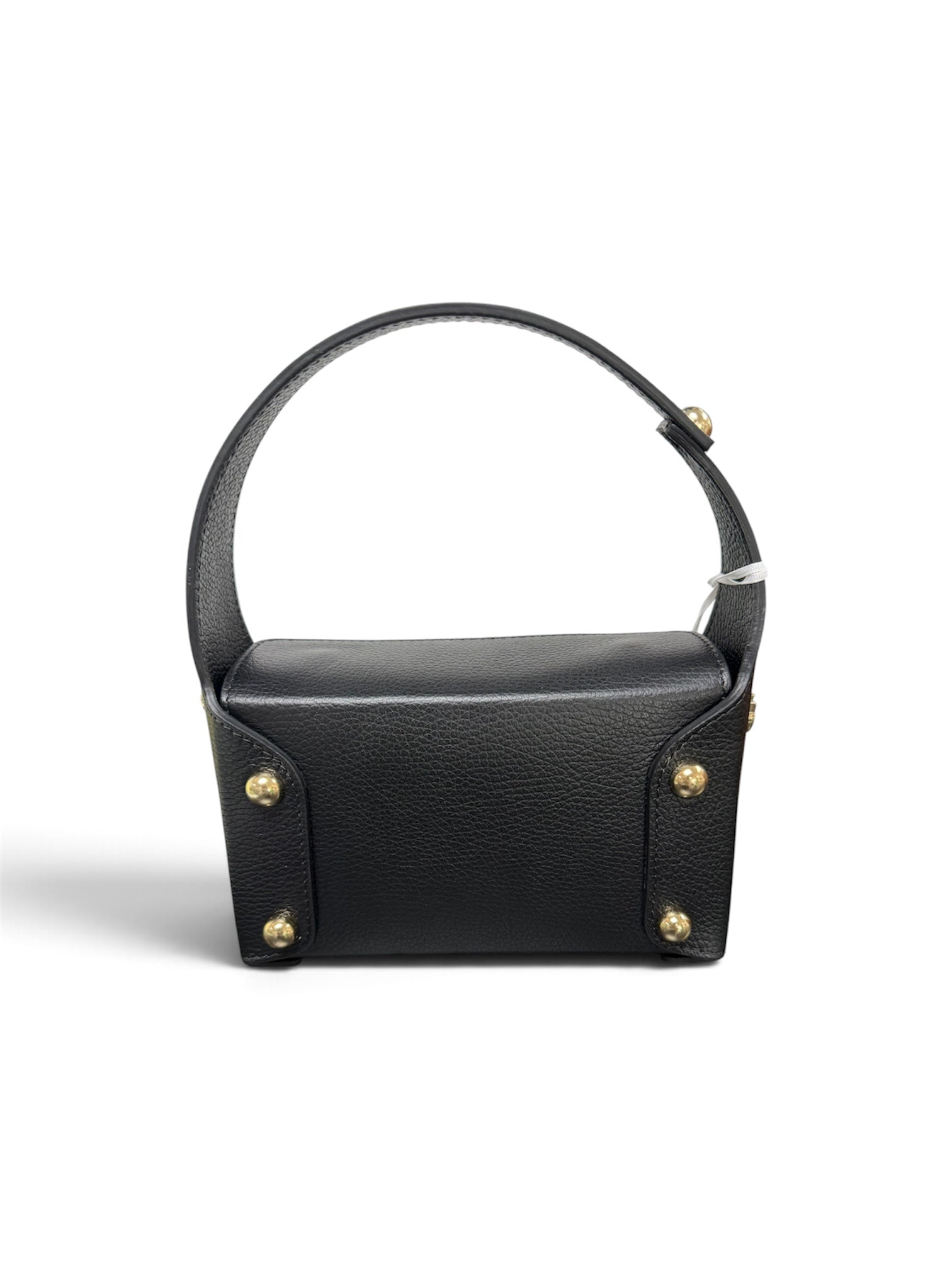 a black leather bag with gold accents