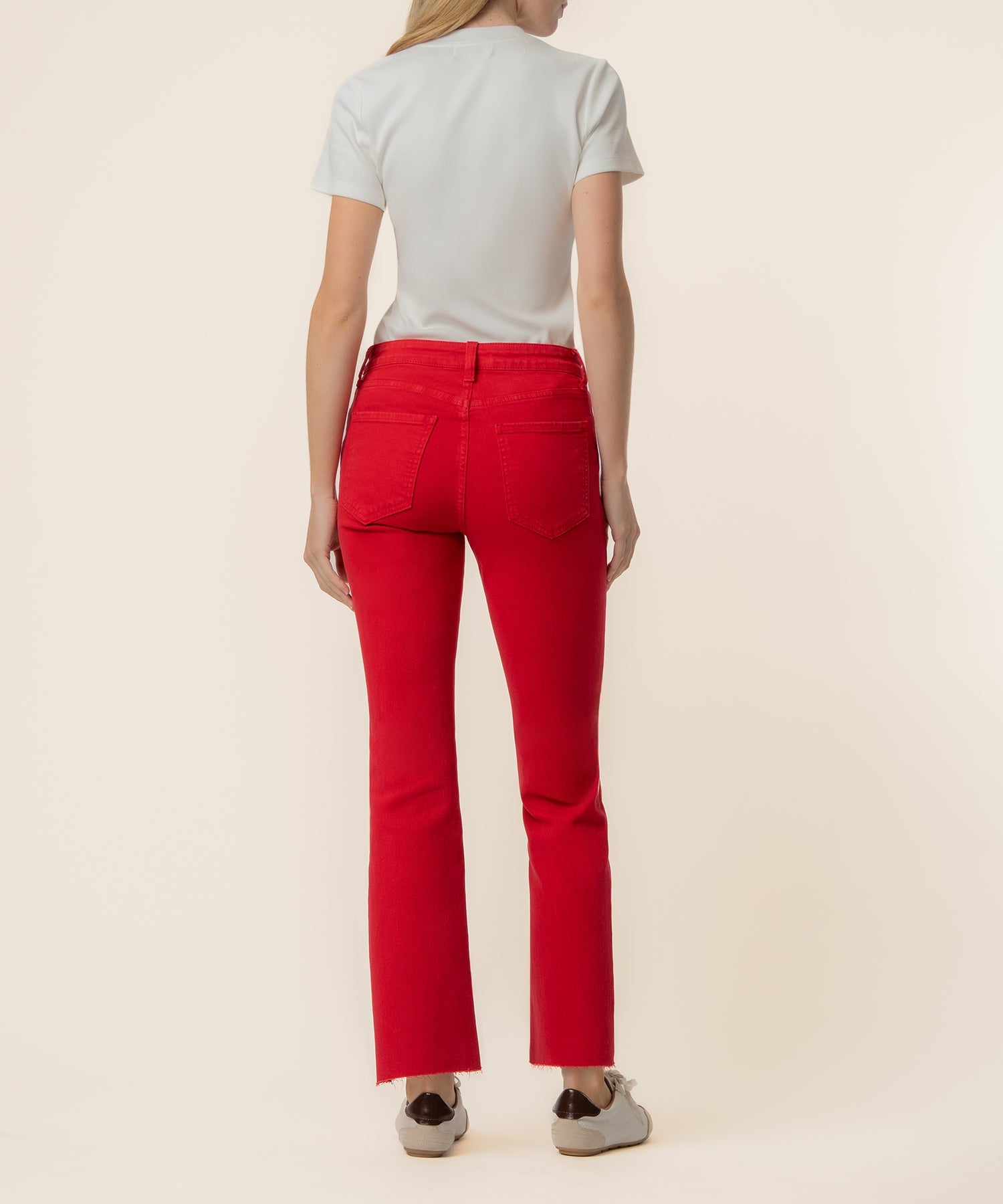 Kelsey High Rise Fab Ab Ankle Flare with Raw Hem Ruby Red