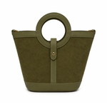 a green bag with a round handle