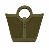a green bag with a round handle