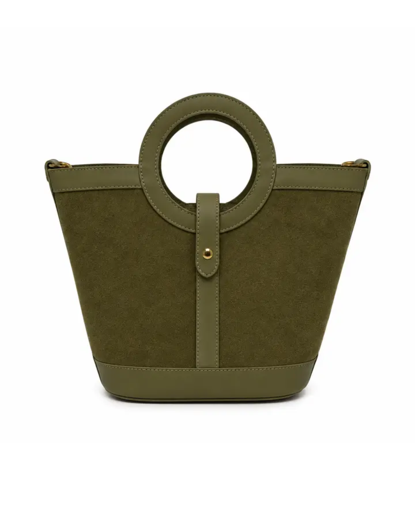 a green bag with a round handle