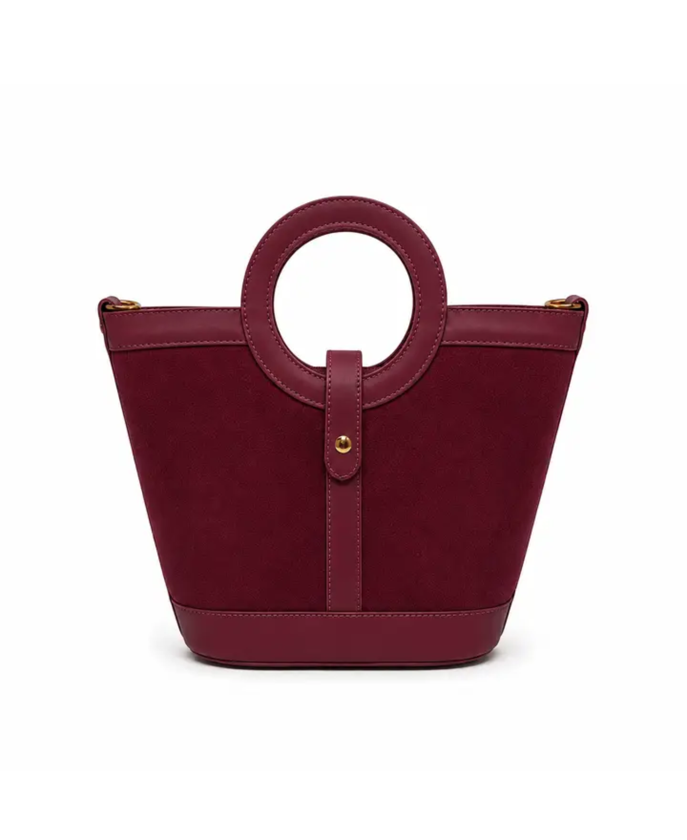 a red purse with a round handle