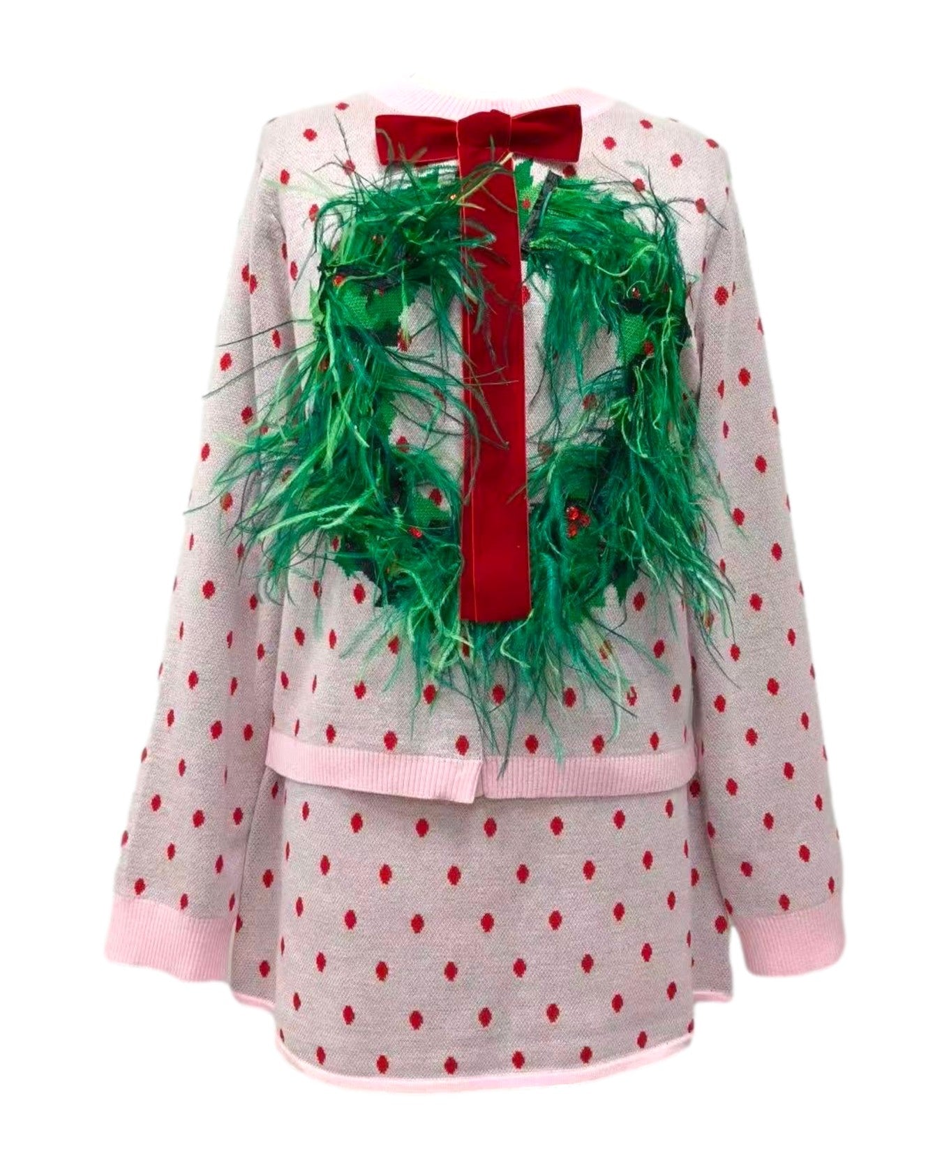Light Pink & Red Polka Dot Wreath Neck Knit Sweater_Queen of Sparkles_HOLID26N327-LPK