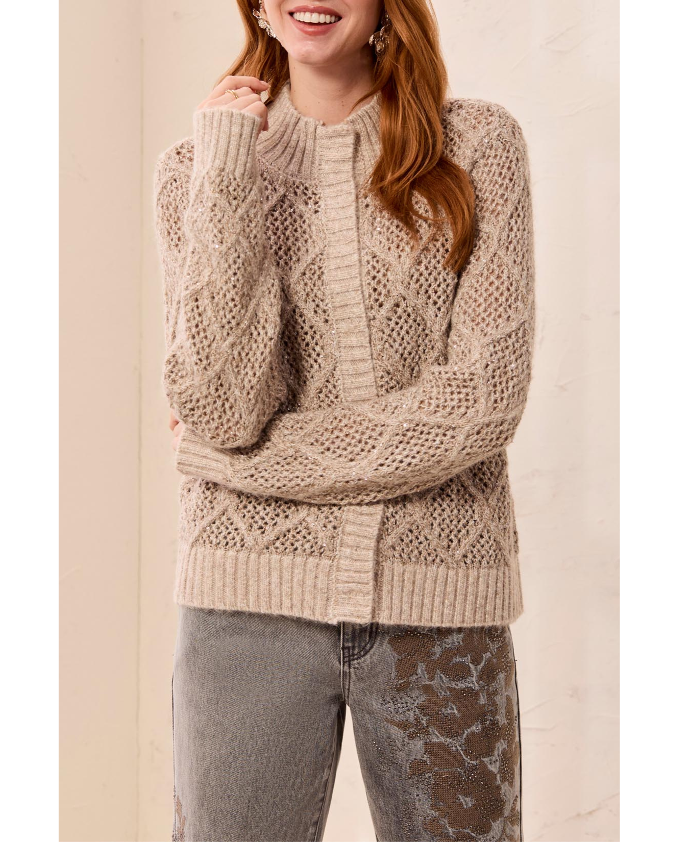 Long Sleeve Mock Neck Sweater Cardigan-Tribal-3260O-8557