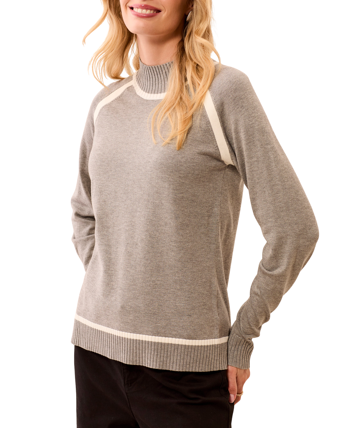 Long Sleeve Mock Neck Sweater with Tipping Detail-Tribal-3226O-835