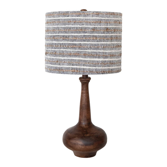 Mango Wood Table Lamp w/Cotton & Linen Striped Shade