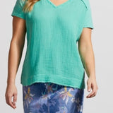 S/S V-Neck Top w/Combo Marinegreen