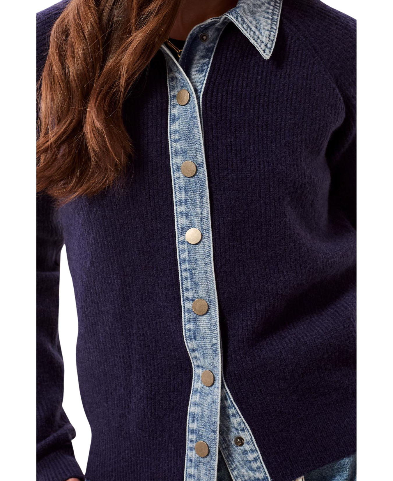 Mixed Media Sweater Jacket with Denim Detail-Tribal-6350O-5622