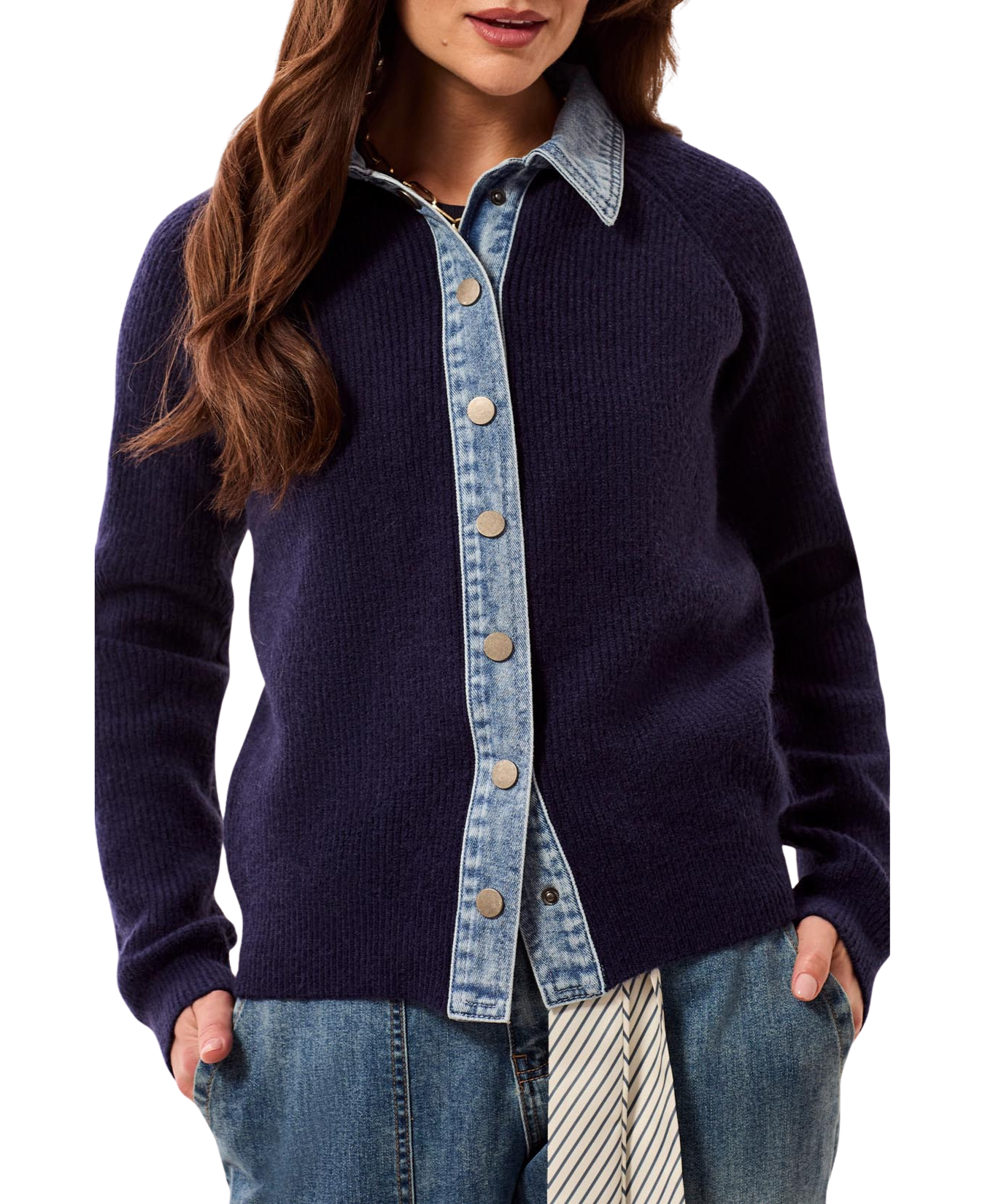Mixed Media Sweater Jacket with Denim Detail-Tribal-6350O-5622