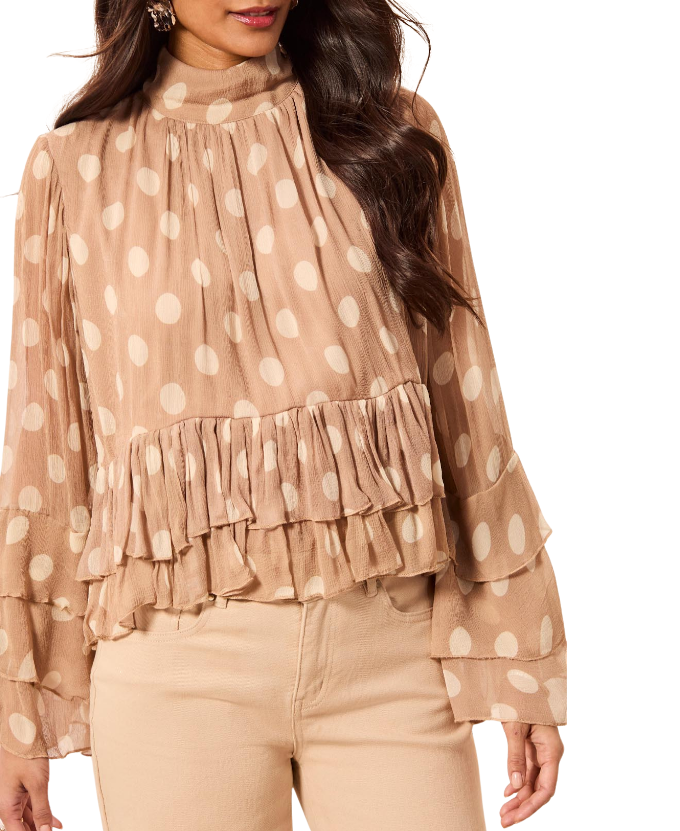 Mock Neck Peplum Blouse with Frill Detail - Tribal - 6366O-5859