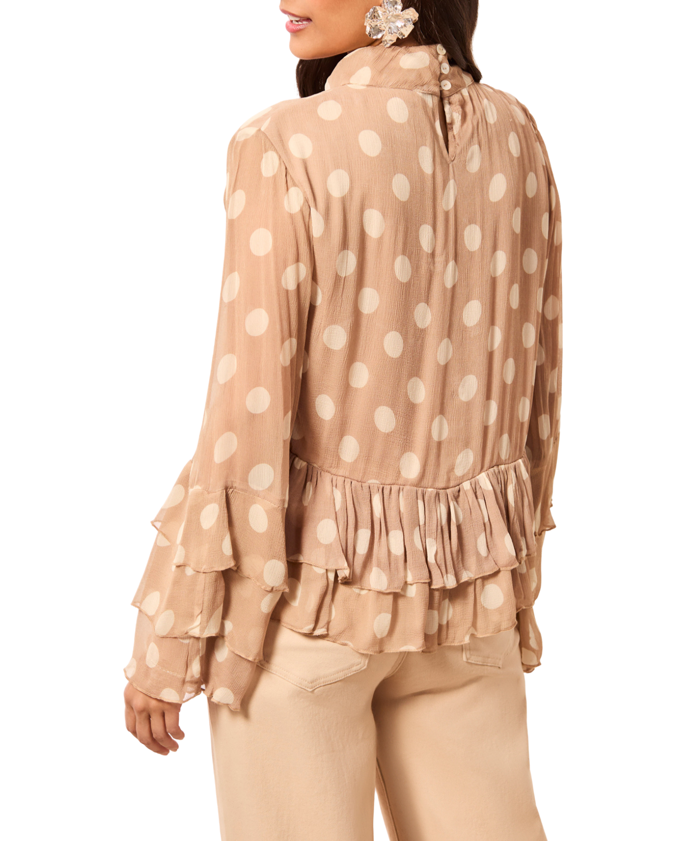Mock Neck Peplum Blouse with Frill Detail - Tribal - 6366O-5859