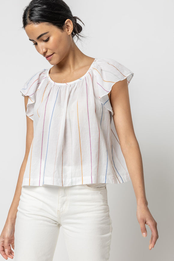 Shirred Short Sleeve Raglan Top Multi-Stripe