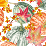 a close up of a pattern of pumpkins and leaves