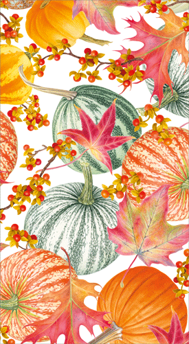 a close up of a pattern of pumpkins and leaves