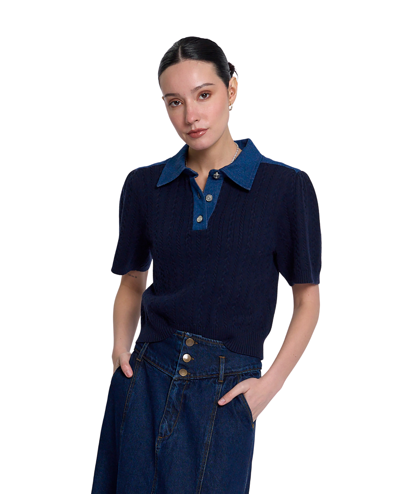 Nash Puff Sleeve With Denim_Central Park West_CF26-10687S-NAY