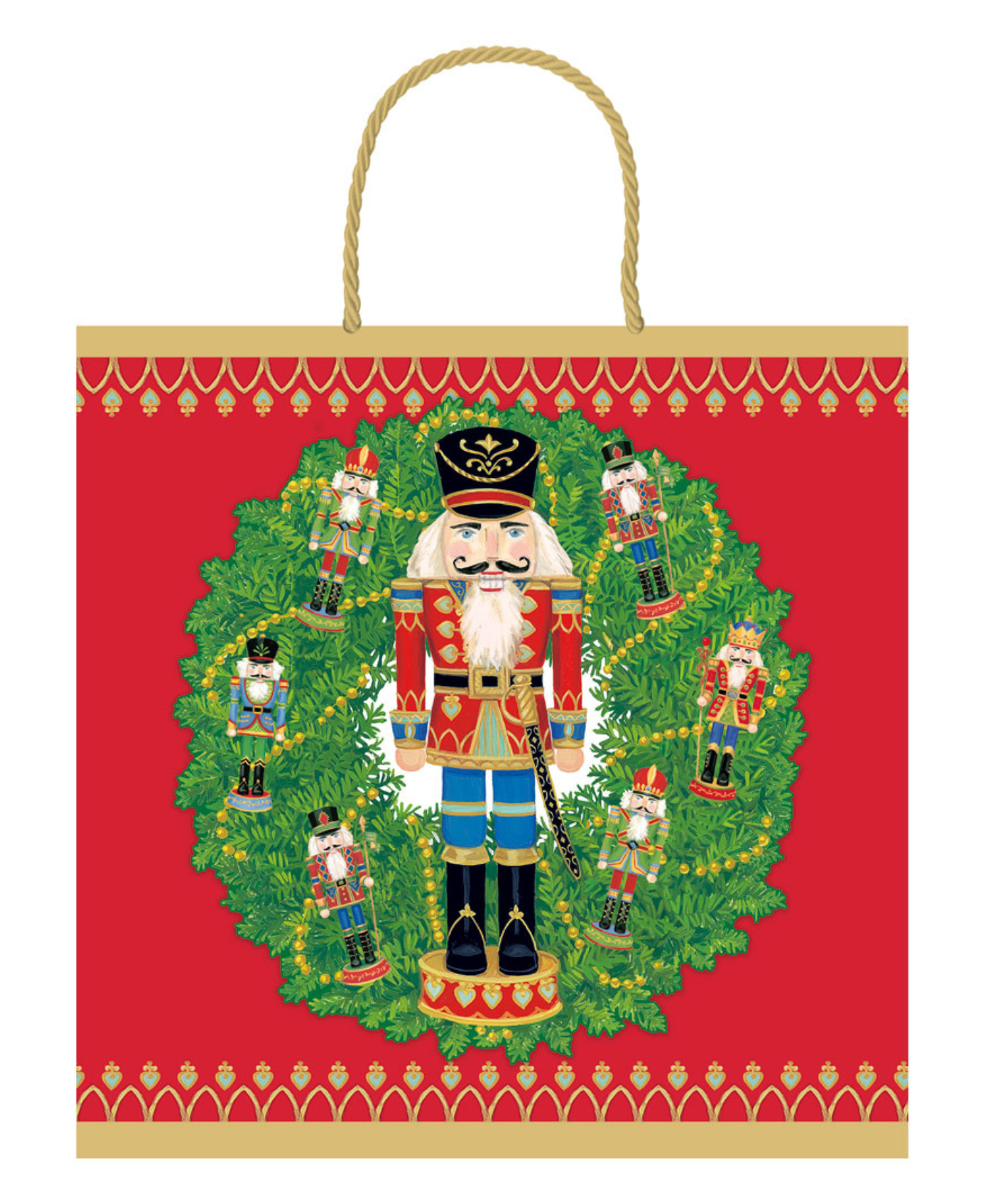Nutcracker Wreath Medium Square Gift Bag 9.75"L x 9.75"H x 4"W - includes 1 bag_Caspari_10187B13-RED