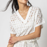 Eyelet Drawstring Dolman V Neck White