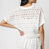 Eyelet Drawstring Dolman V Neck White
