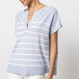 Striped Split Neck Tunic Sweater Hydrangea Stripe