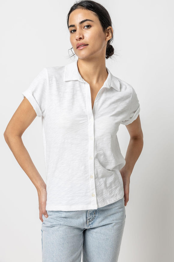 Short Sleeve Button Down Tee  White