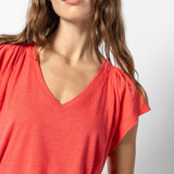 Shirred Shoulder V-Neck Flamingo