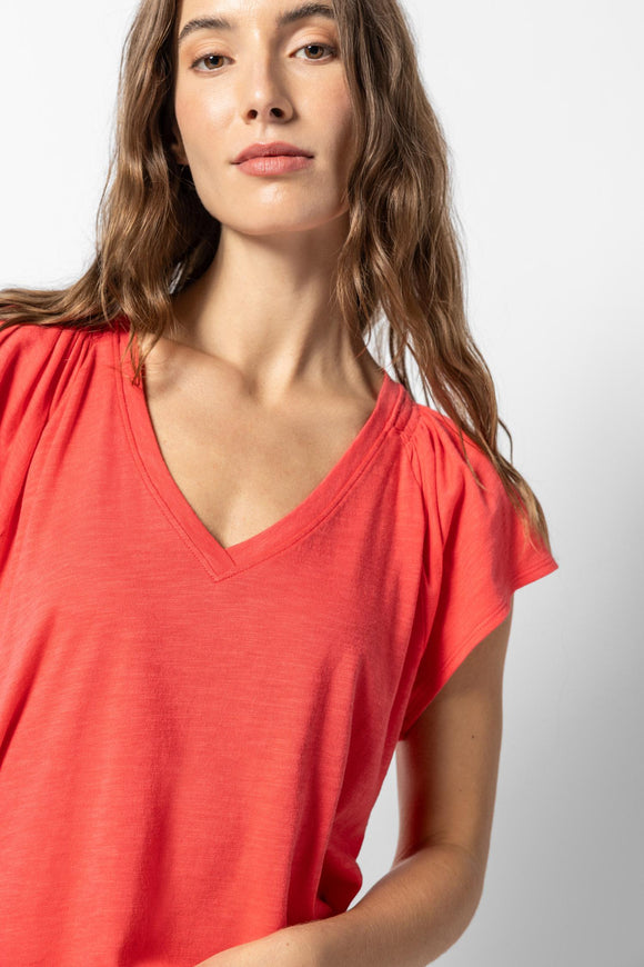 Shirred Shoulder V-Neck Flamingo