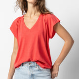 Shirred Shoulder V-Neck Flamingo