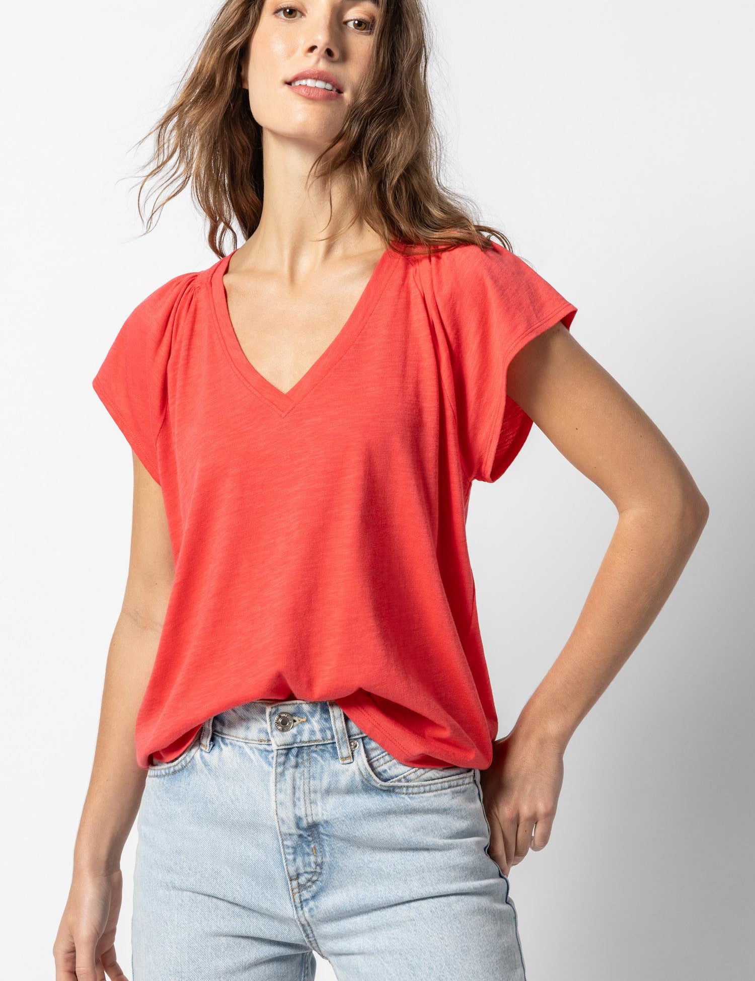 Shirred Shoulder V-Neck Flamingo