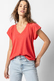 Shirred Shoulder V-Neck Flamingo