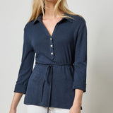 3/4 Sleeve Collared Top Navy