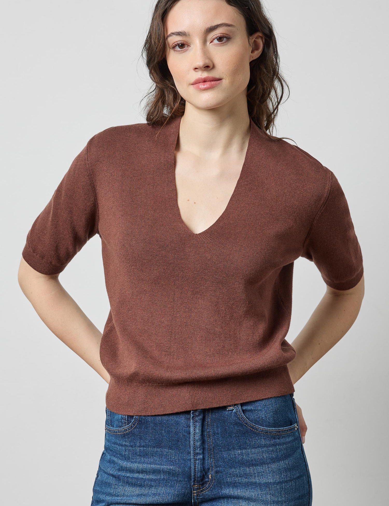 V-Neck Elbow Sleeve Sweater