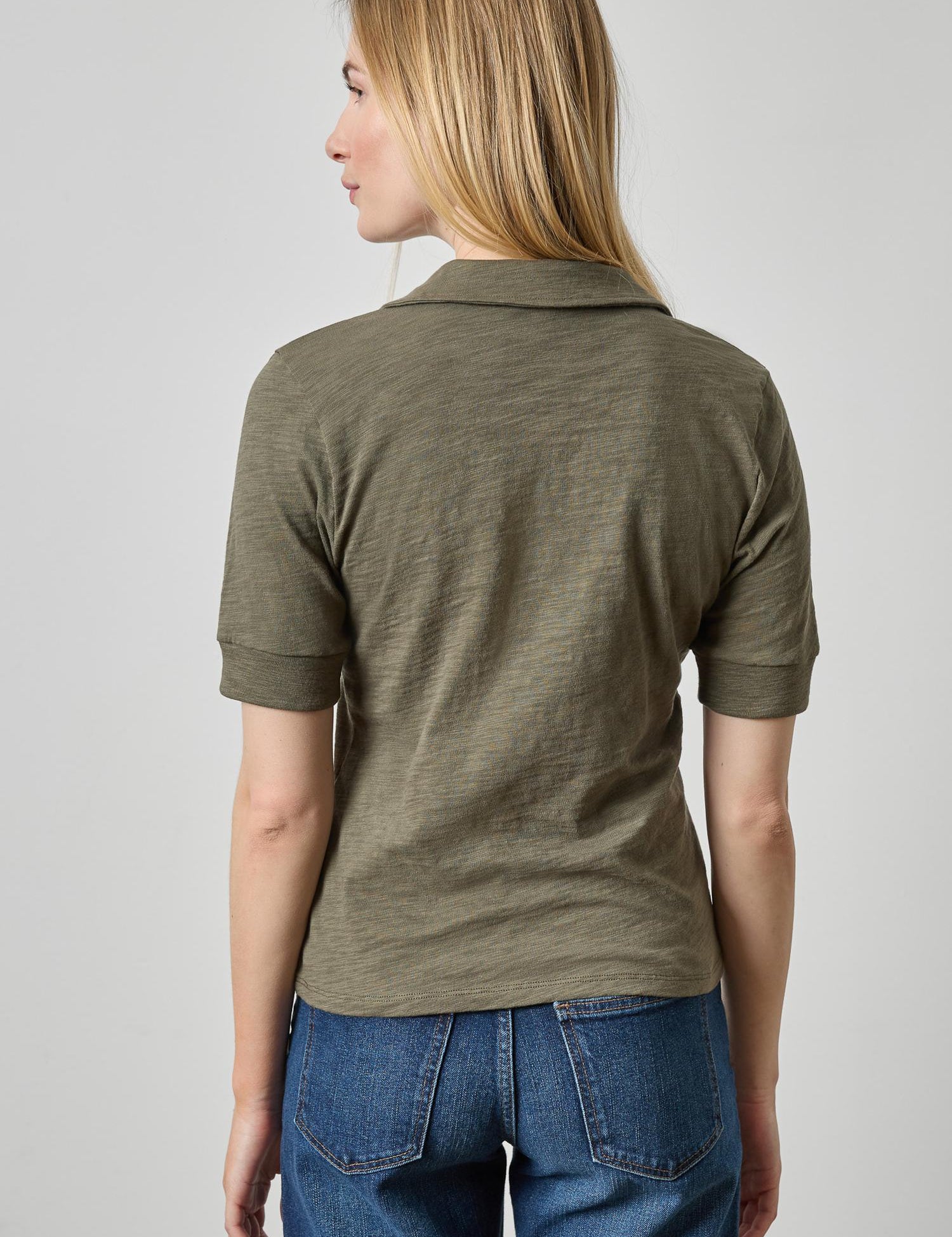 Elbow Sleeve Collared Split Neck | Olive