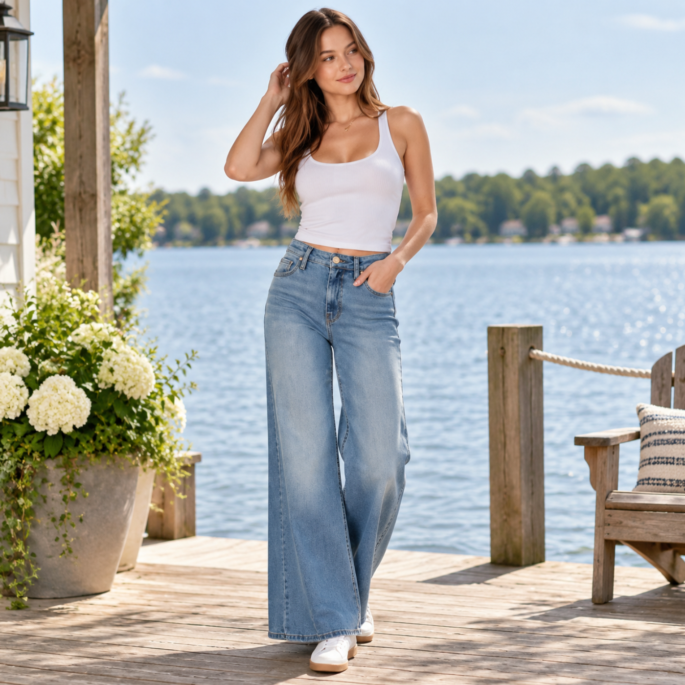 a woman standing on a dock