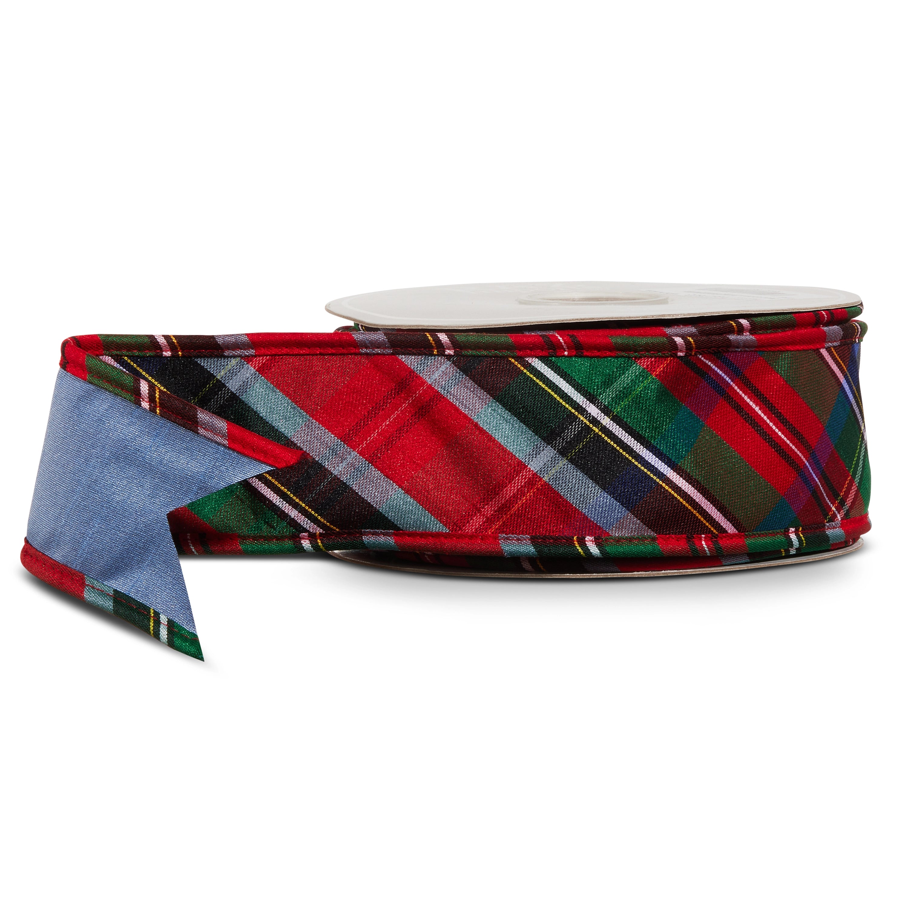 a roll of plaid ribbon